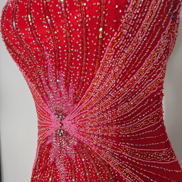 Alyce Prom Dress Maxi Gown XS Red Silk Princess Glam Strapless Y2K Bead Pink - Picture 8 of 16